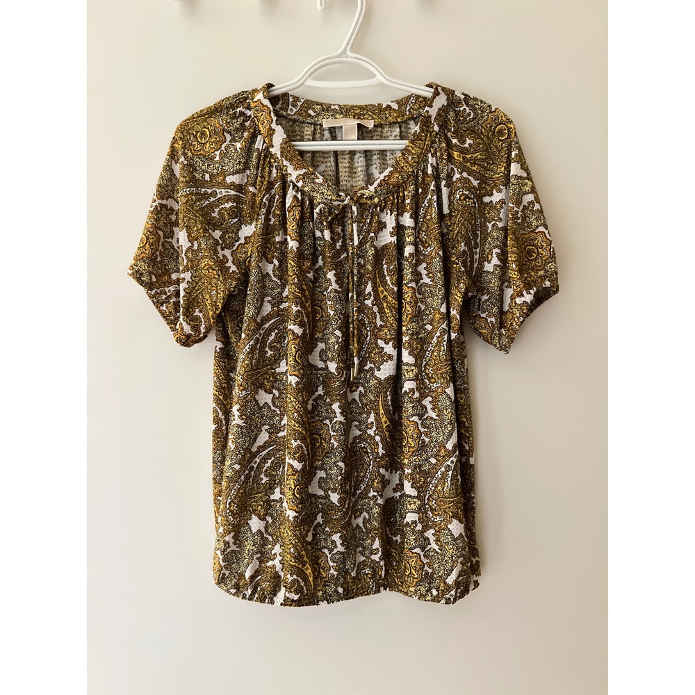 Michael Kors Womens Yellow Paisley Waffle Knit Bubble Hem Blouse Small